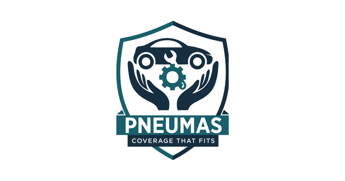 Shield logo with car silhouette, wrench, gear, and hands; brand name "PNEUMAS" and tagline "Coverage that fits."