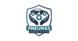 Shield logo with car silhouette, wrench, gear, and hands; brand name "PNEUMAS" and tagline "Coverage that fits."