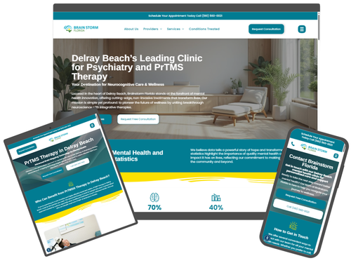 Delray Beach psychiatry clinic website displayed on laptop, tablet, and phone.