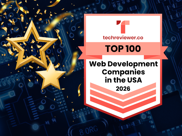 TechReviewer.co Top 100 Web Development Companies in the USA 2026 badge on a dark blue tech background