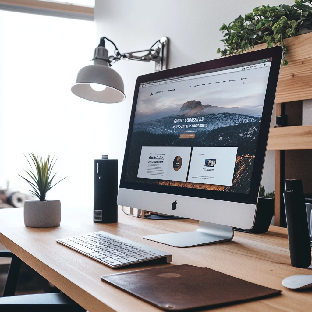 An apple computer is sitting on a wooden desk.