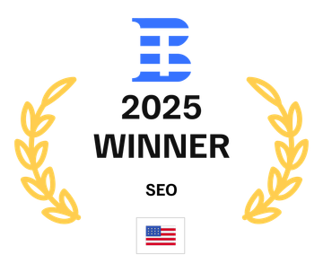Award badge: Blue "B" logo with "2025 WINNER SEO" and US flag, gold laurel leaves.