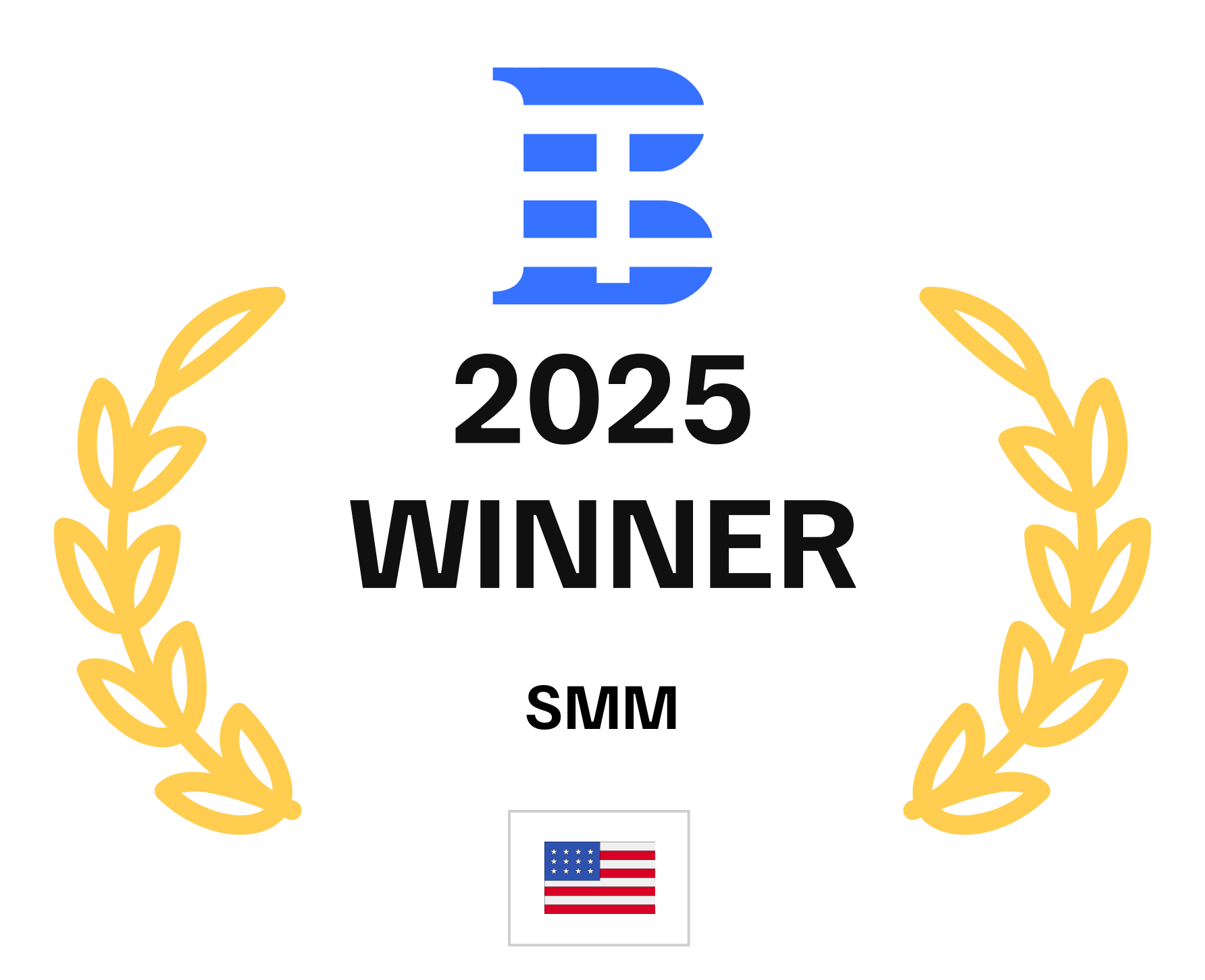 "2025 Winner badge with stylized blue "B" logo, laurel leaves, and US flag for SMM."