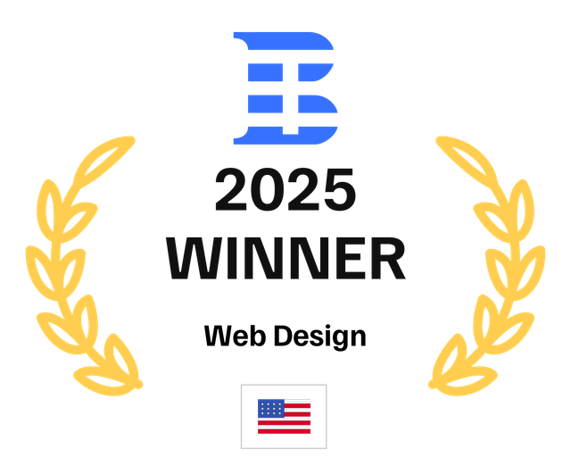 Award badge: Winner 2025 in Web Design, blue B logo, golden laurel wreaths, US flag.