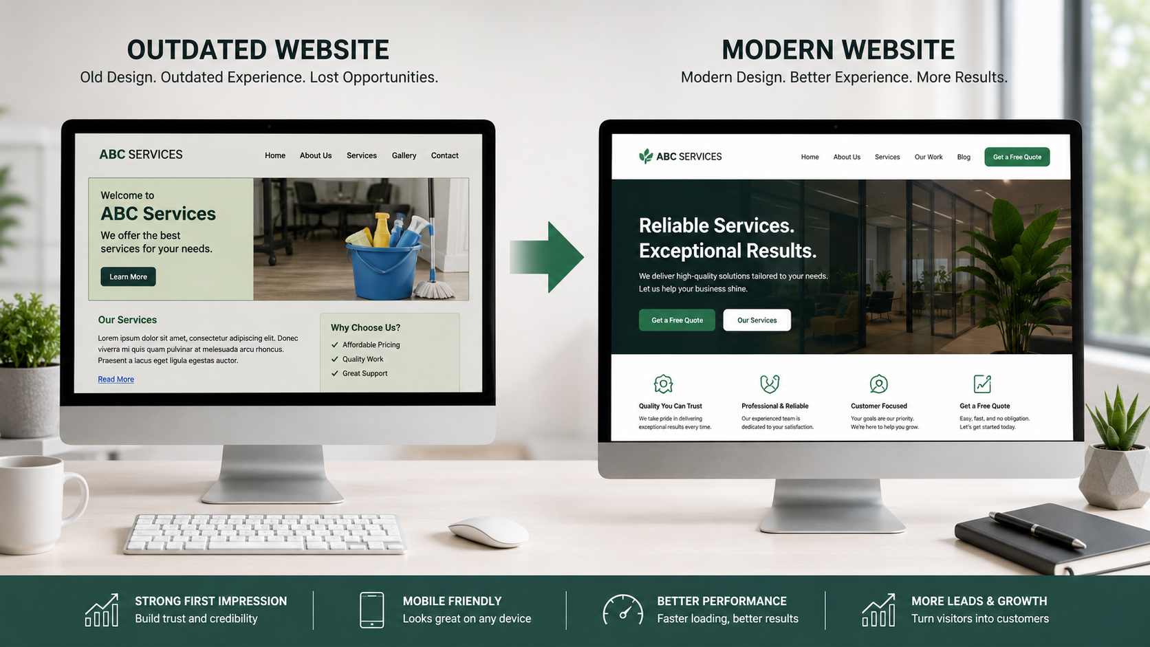 Before and after comparison of an outdated business website and a modern website redesign
