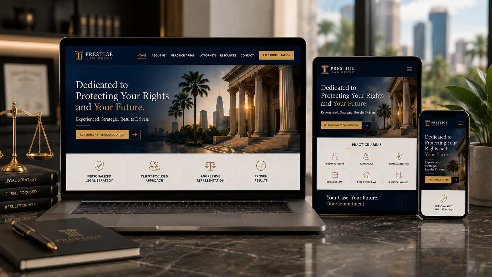 Responsive custom law firm website displayed across desktop, tablet, and mobile devices