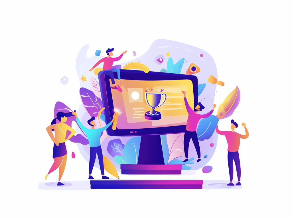 A group of people are standing around a computer monitor with a trophy on it.