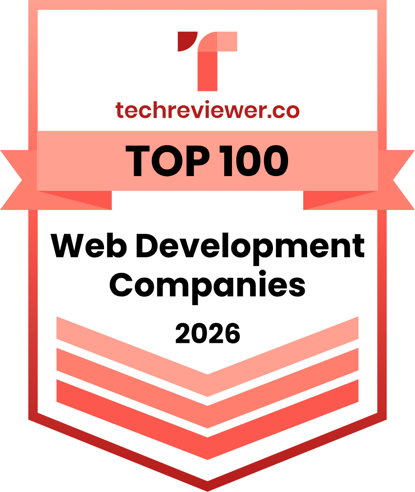 Techreviewer.co Top 100 Web Development Companies 2026 award badge in red and white.
