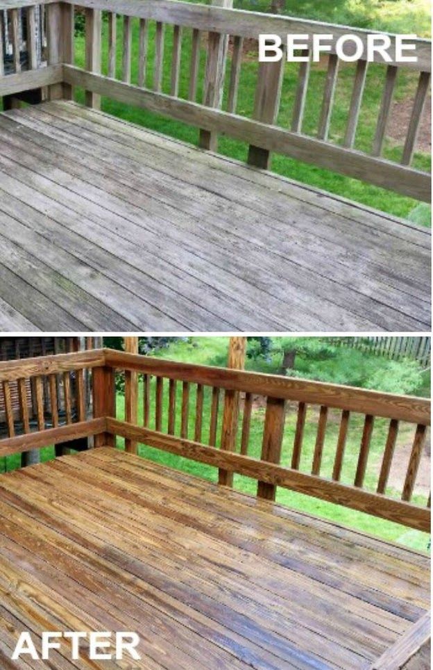 A before and after picture of a wooden deck.