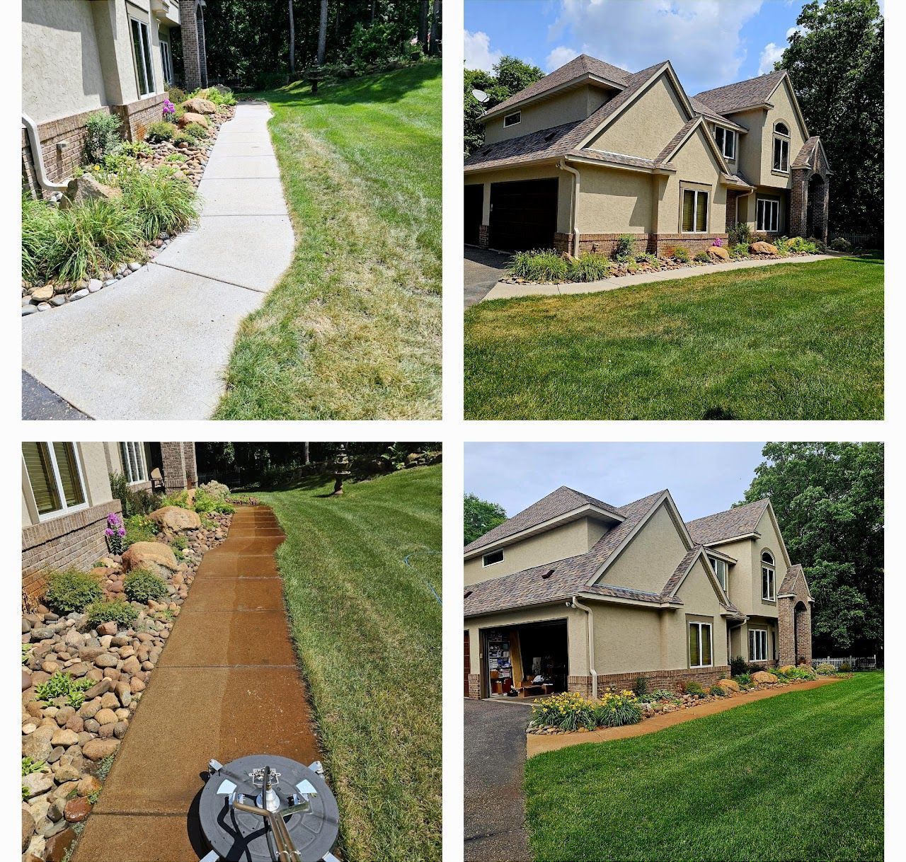 A collage of four pictures of a house and lawn
