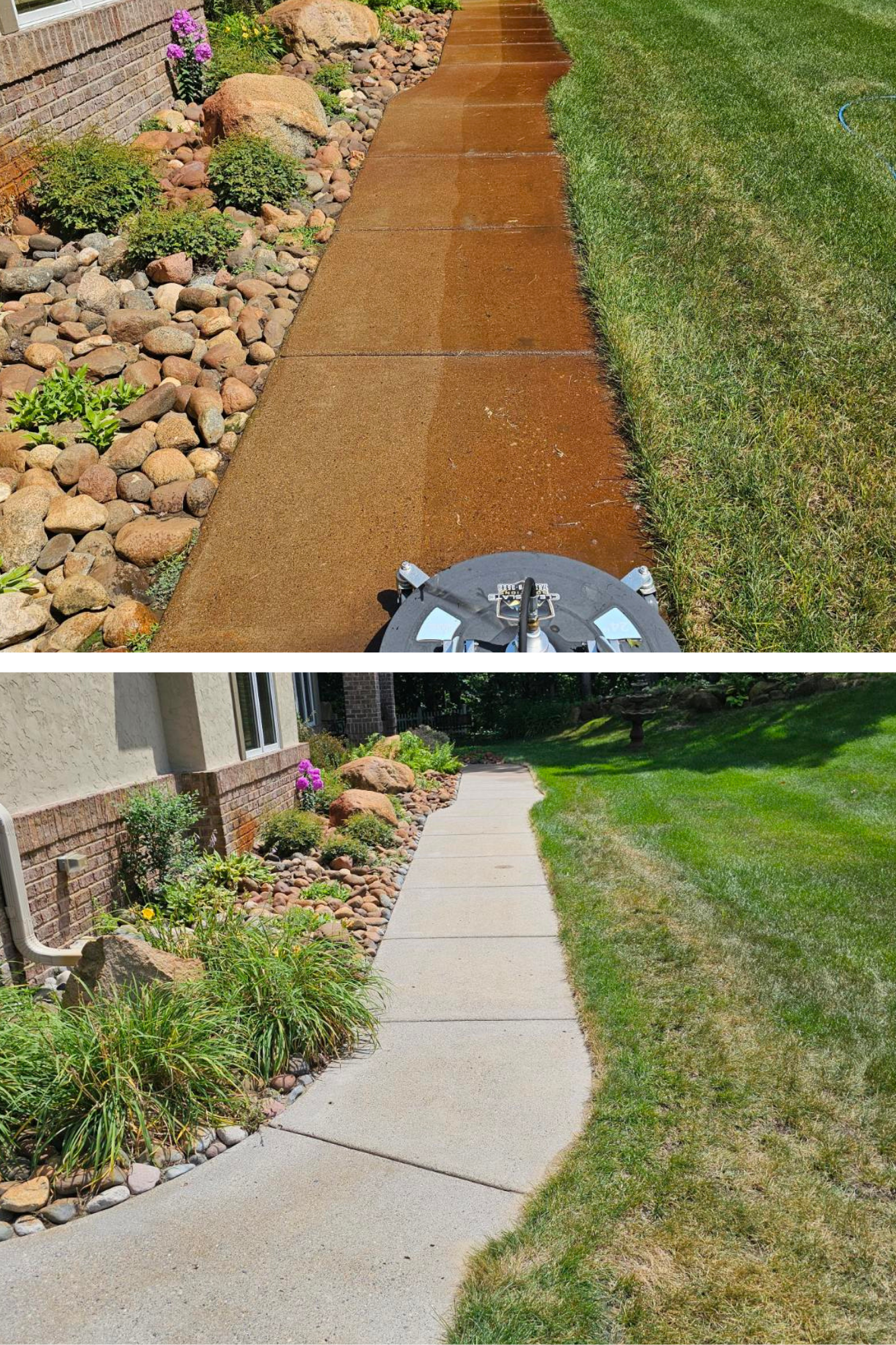 A before and after picture of a sidewalk and lawn.