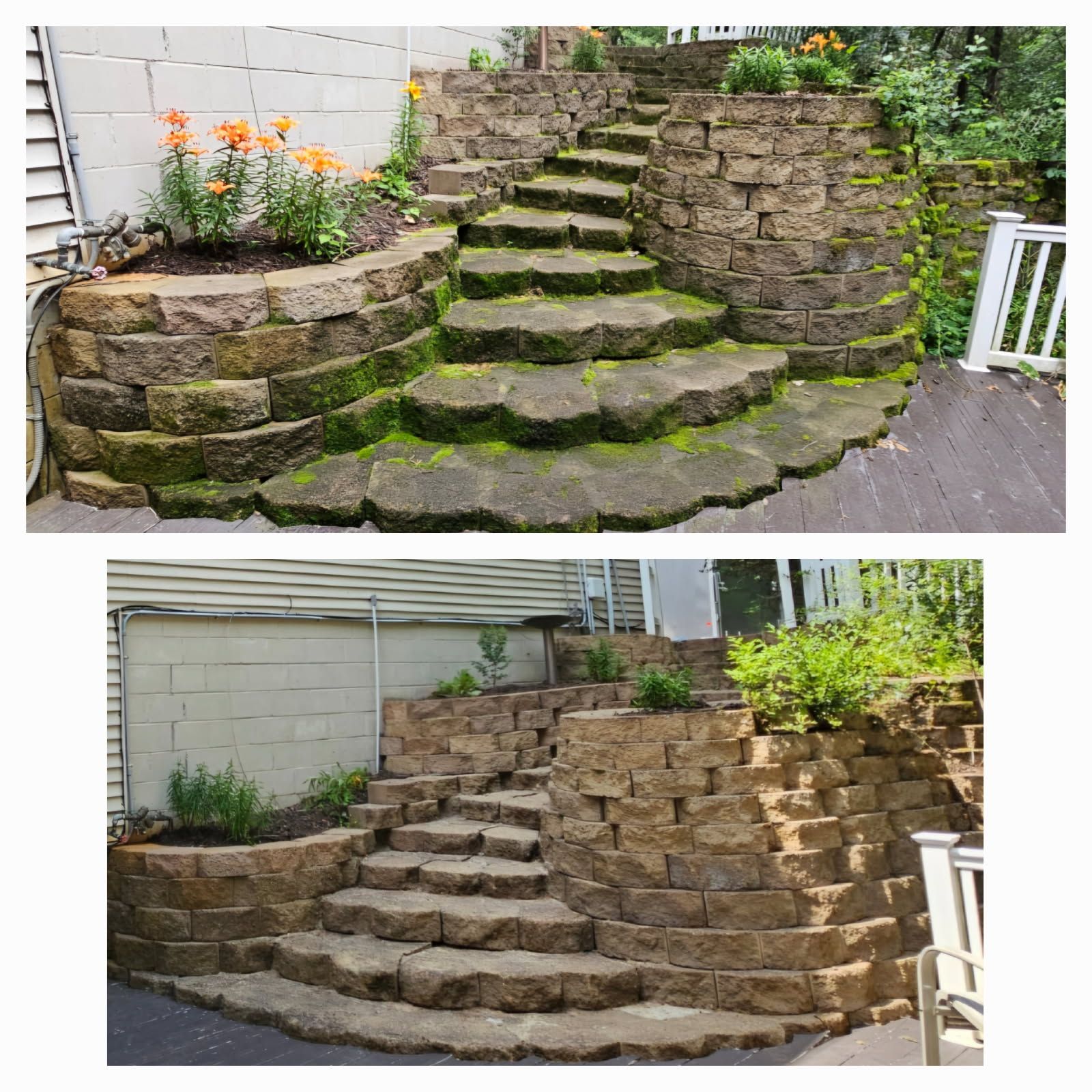 A before and after picture of a stone staircase
