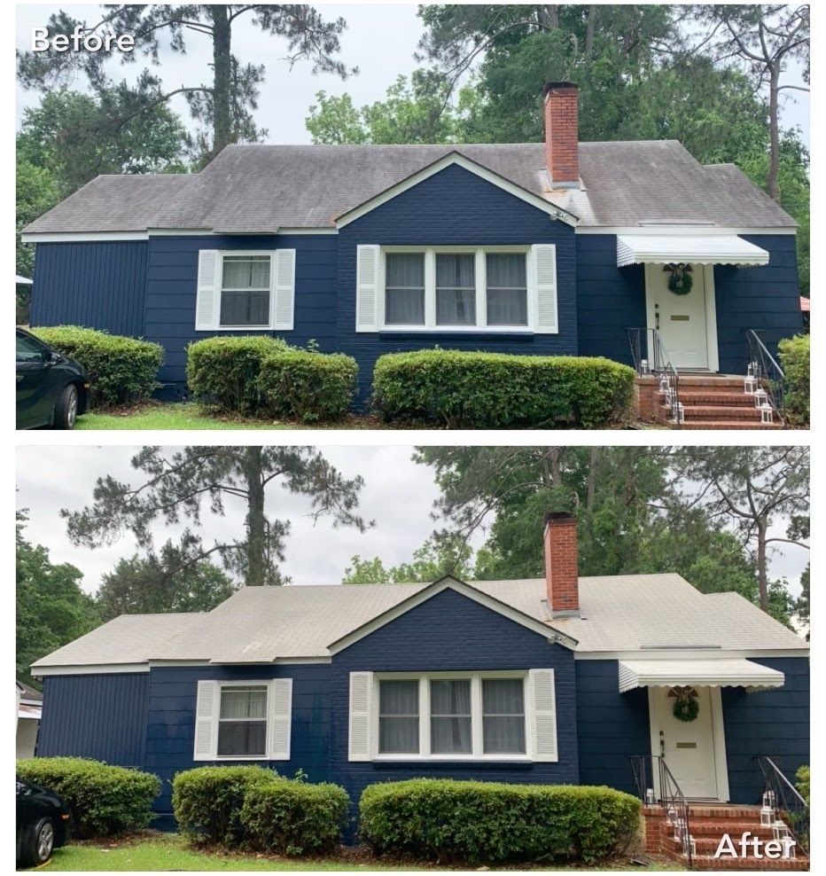 A before and after photo of a blue house with white shutters