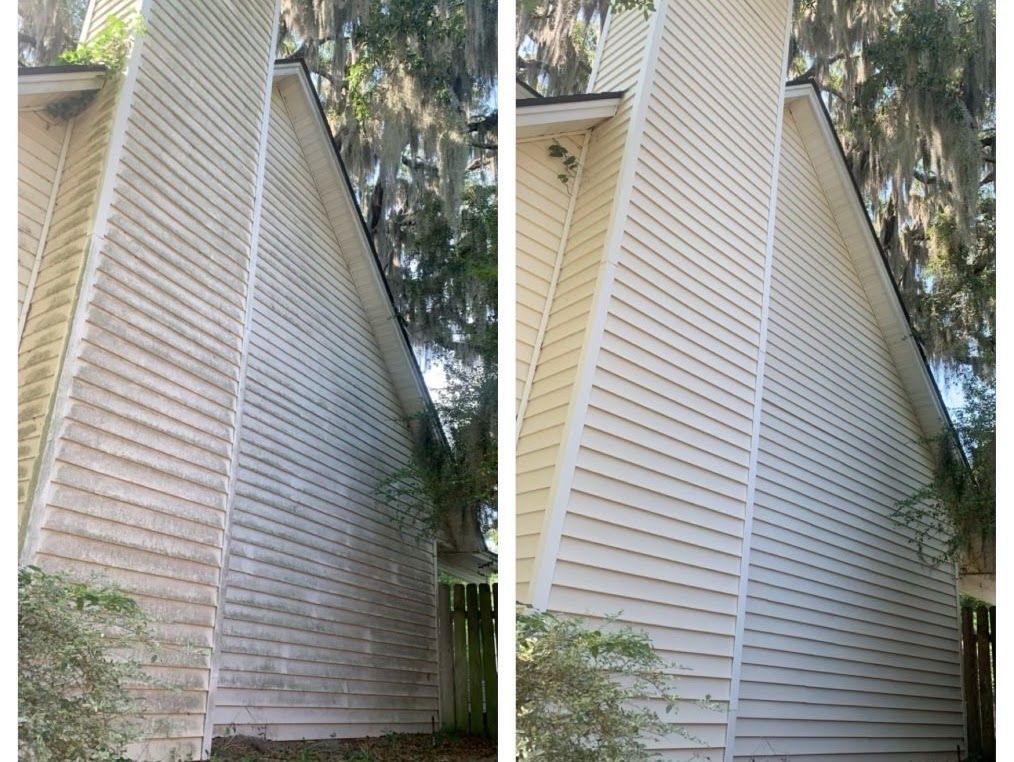 A before and after picture of a house with a chimney.