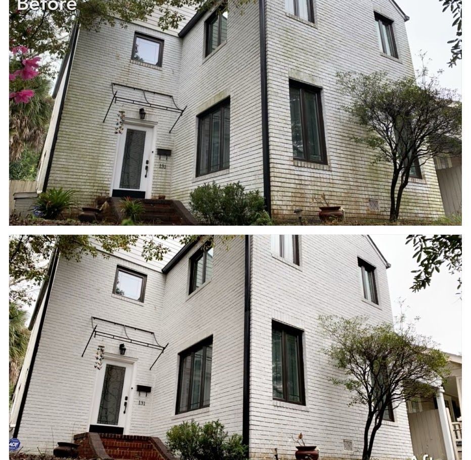 A before and after picture of a white brick house.