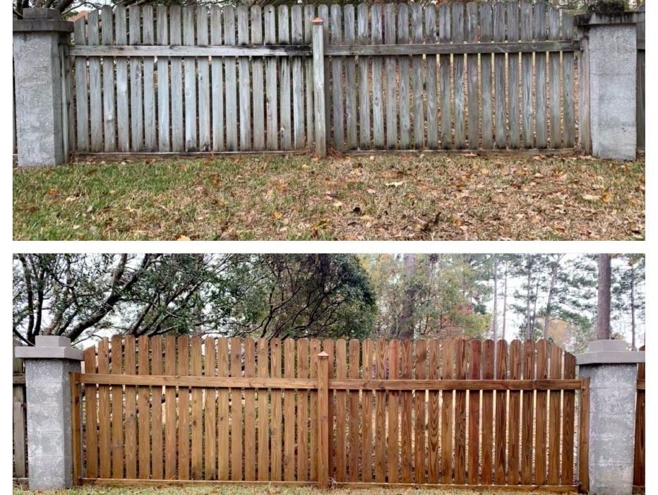 A before and after picture of a wooden fence.