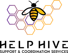 A logo for help hive support and coordination services with a bee on a honeycomb.