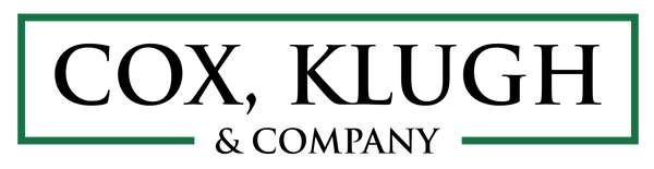 Logo for Cox, Klugh & Company in black text within a green-bordered box. Below, 