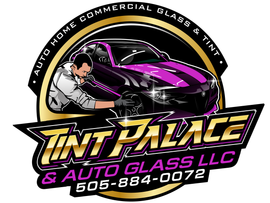 Logo for Tint Palace, featuring a purple car, worker, and company name.