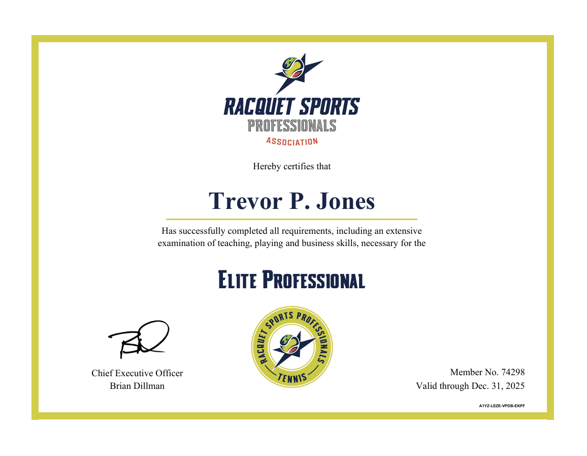 Certificate of Trevor P. Jones, Elite Professional, issued by Racquet Sports Professionals. Features logo, signatures, and gold border.