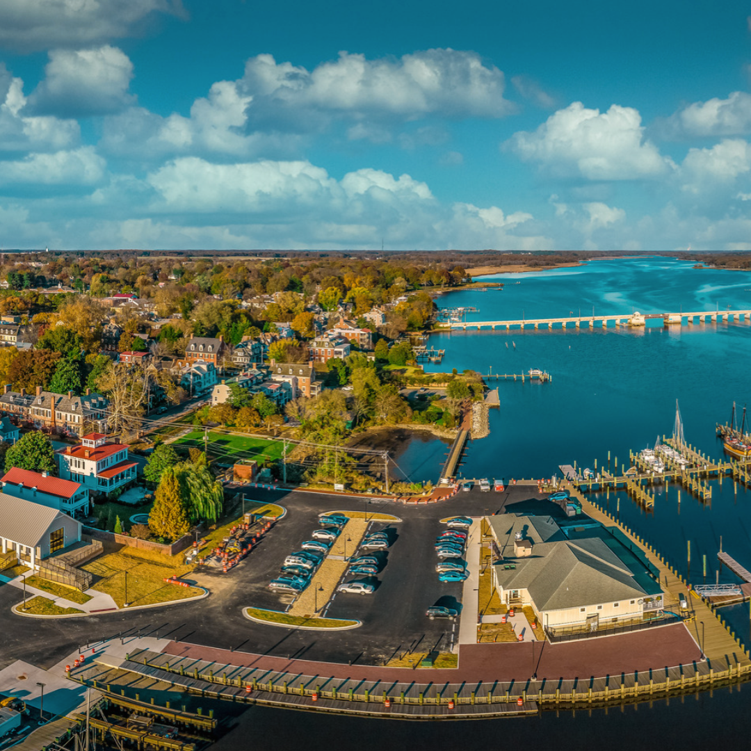 Chester, Maryland arial view of the shore and docks