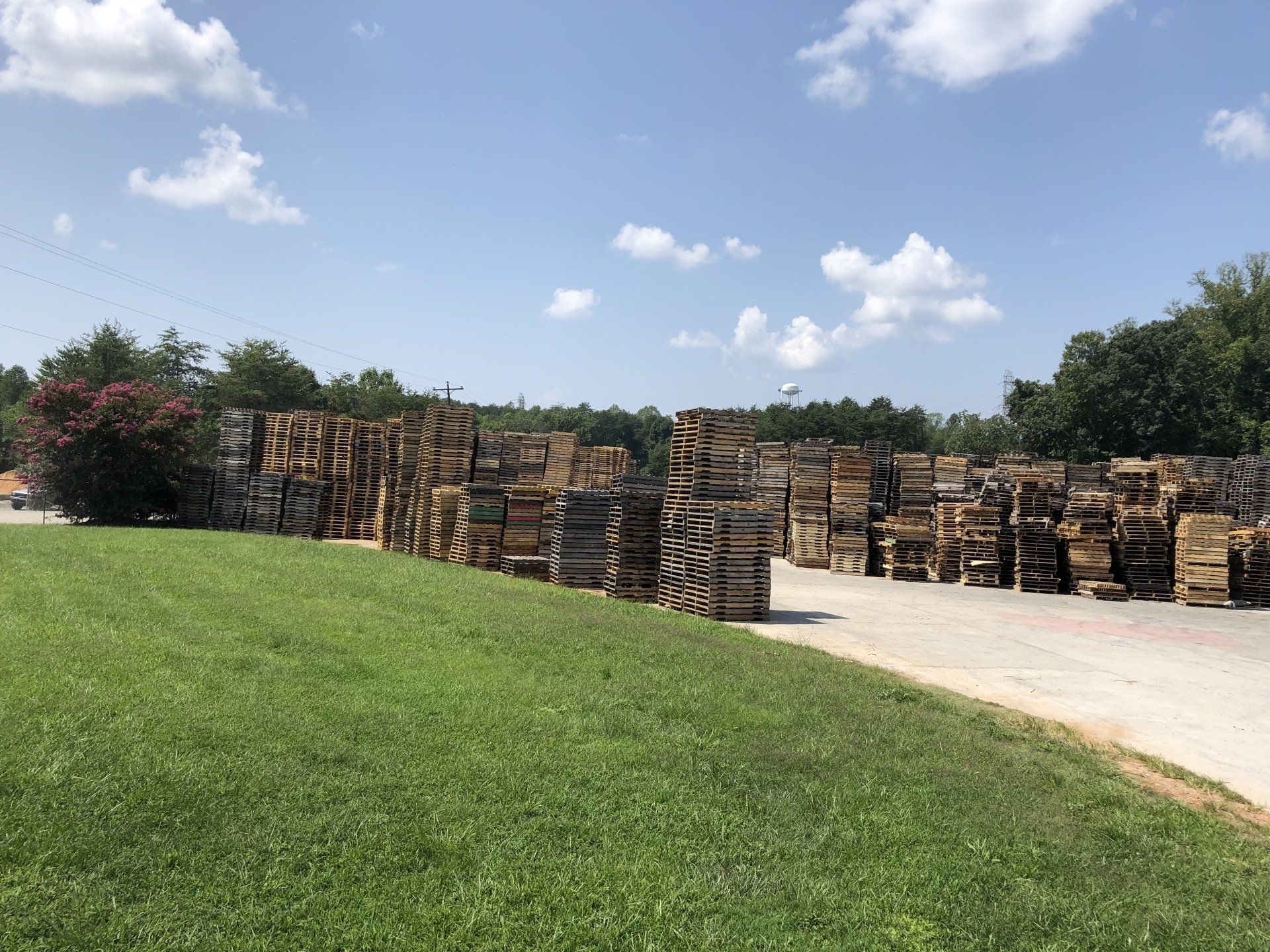 A bunch of wooden pallets are stacked on top of each other in a field.