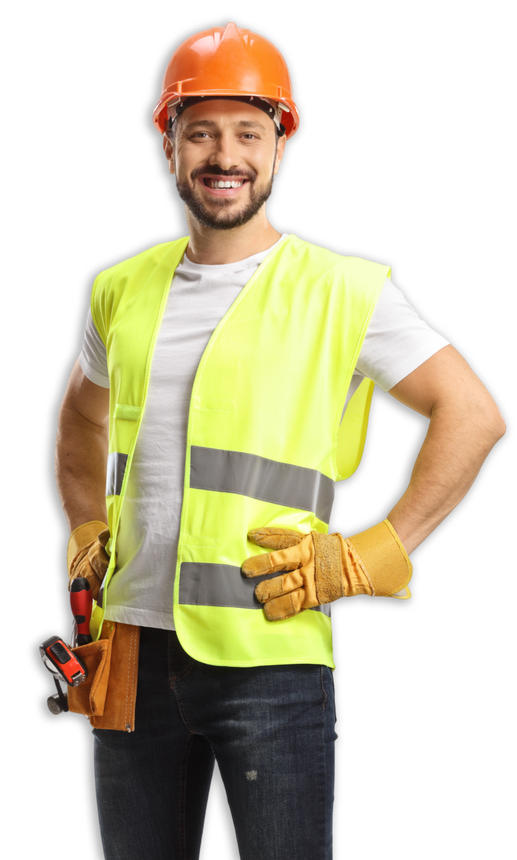 Construction worker smiling, wearing a hard hat, safety vest, and gloves.