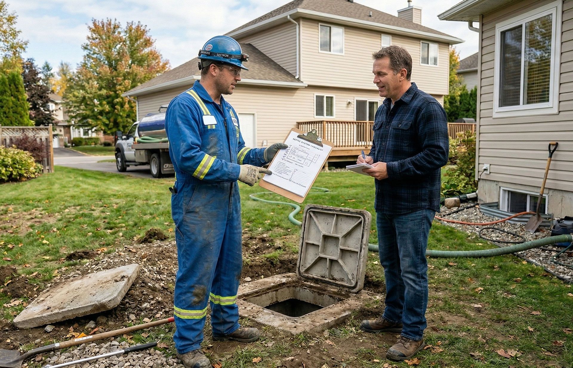 A professional in work coveralls and a hard hat shows a clipboard to a person standing by an open septic tank in a yard.