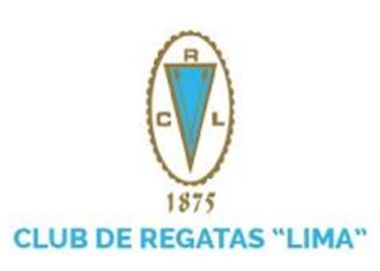 Logotipo del Club de Regatas "Lima": escudo ovalado con diseño verde azulado y blanco, texto "RCL" y "1875" debajo; texto "Club de Regatas "Lima"" debajo.