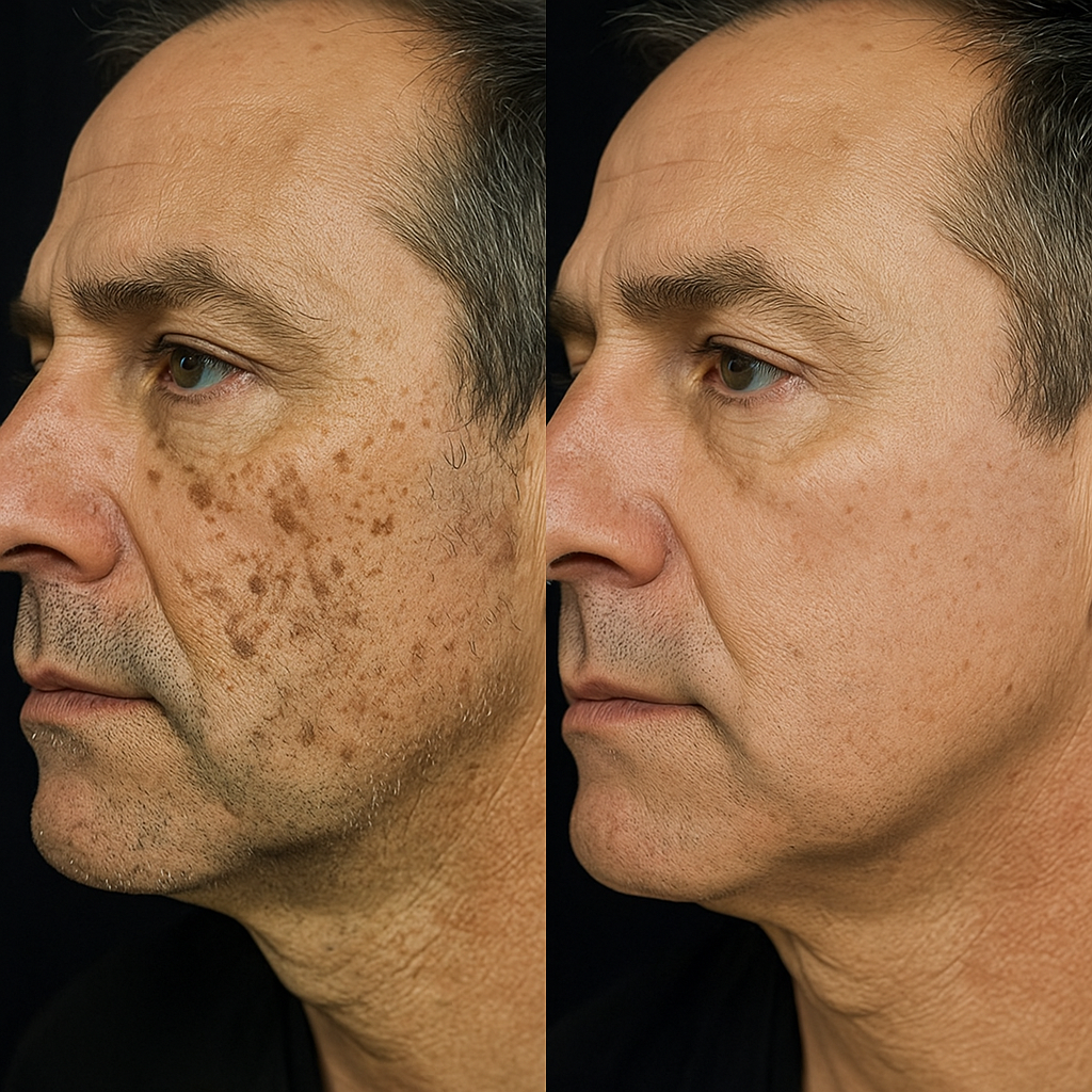 Side-by-side comparison of a man's face before and after skin treatment, showing reduced dark spots and improved skin tone.