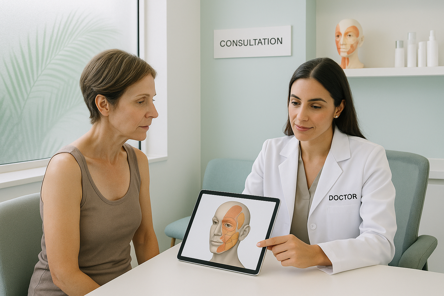 Woman and doctor at consultation, doctor pointing at face diagram.