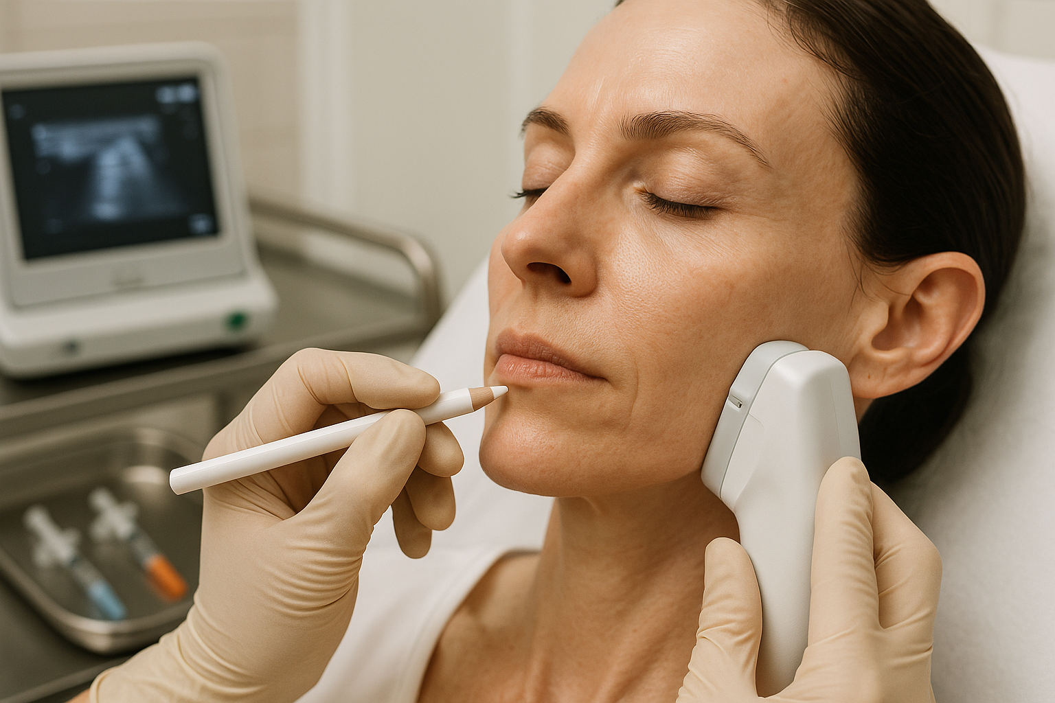 Woman receiving facial treatment, hands holding instruments, medical setting.