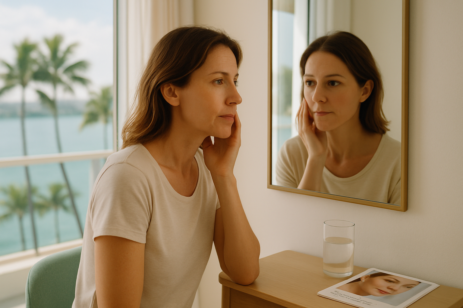 Woman looking at herself in a mirror, touching her face. She’s in a room with a view of palm trees and ocean.