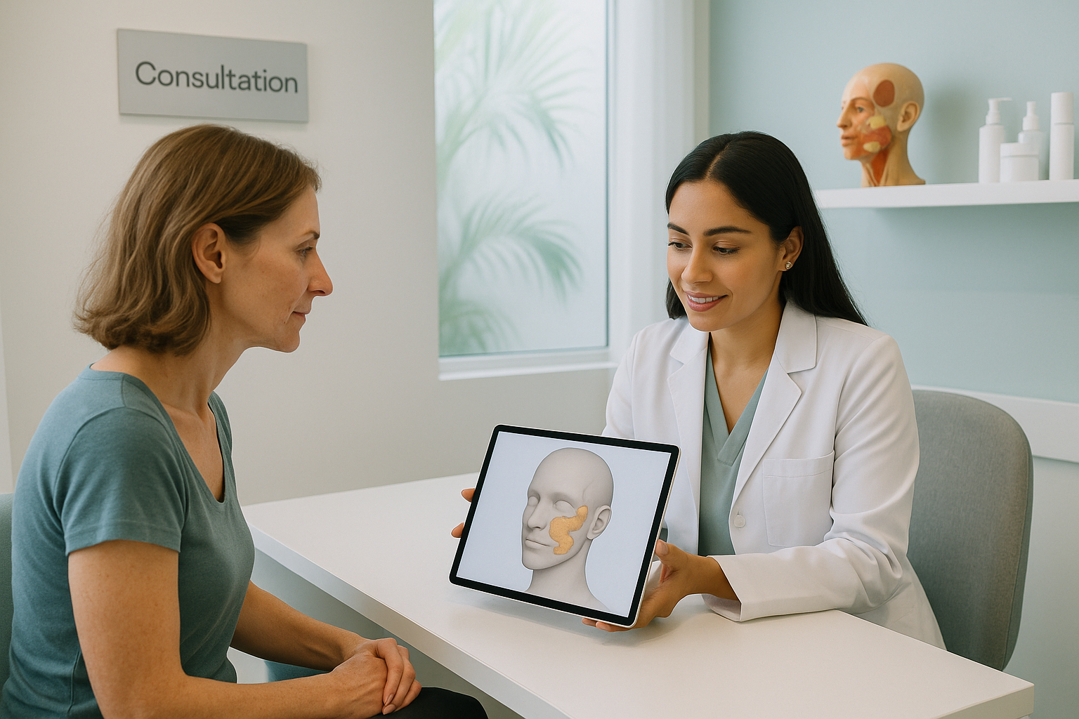 Woman consults with a doctor, who holds a tablet showing a facial diagram. Consultation room.