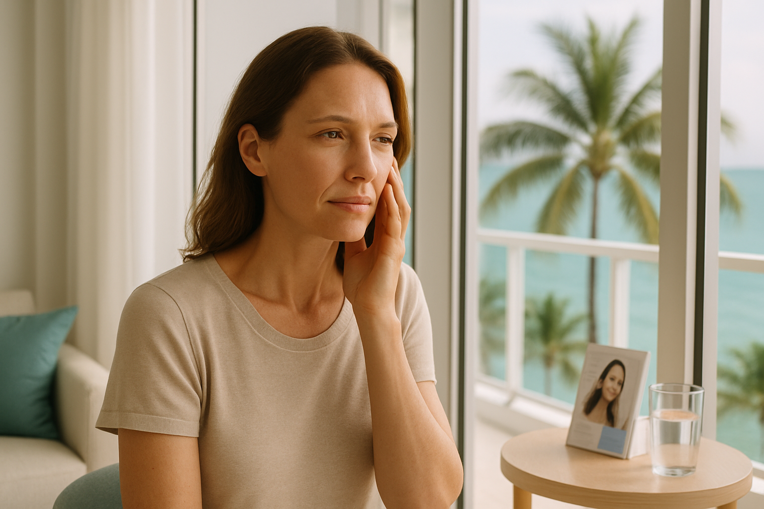 Woman gazes out window at ocean, hand on cheek, with photo of a younger self on a table.