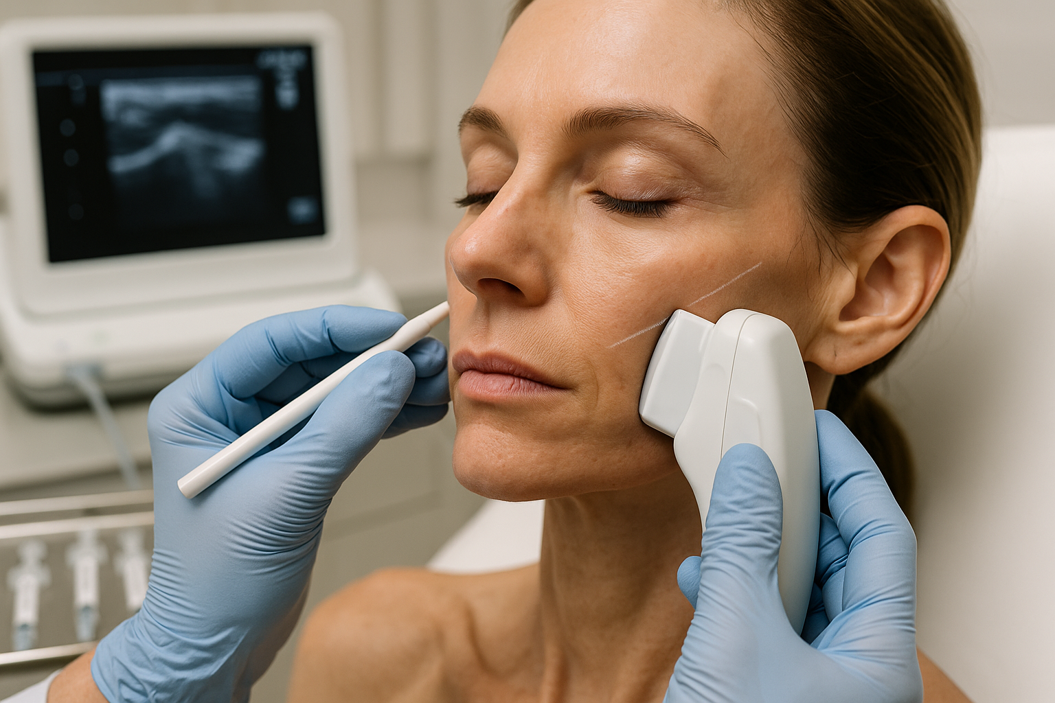 Woman undergoing cosmetic procedure; technician using devices on her cheek. Blue gloves, closed eyes.
