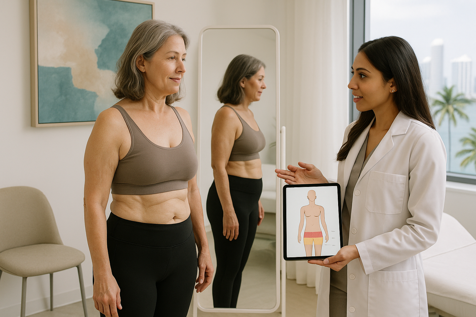 Woman in fitness attire consults with doctor, who holds a diagram of the human body, in a clinic room.