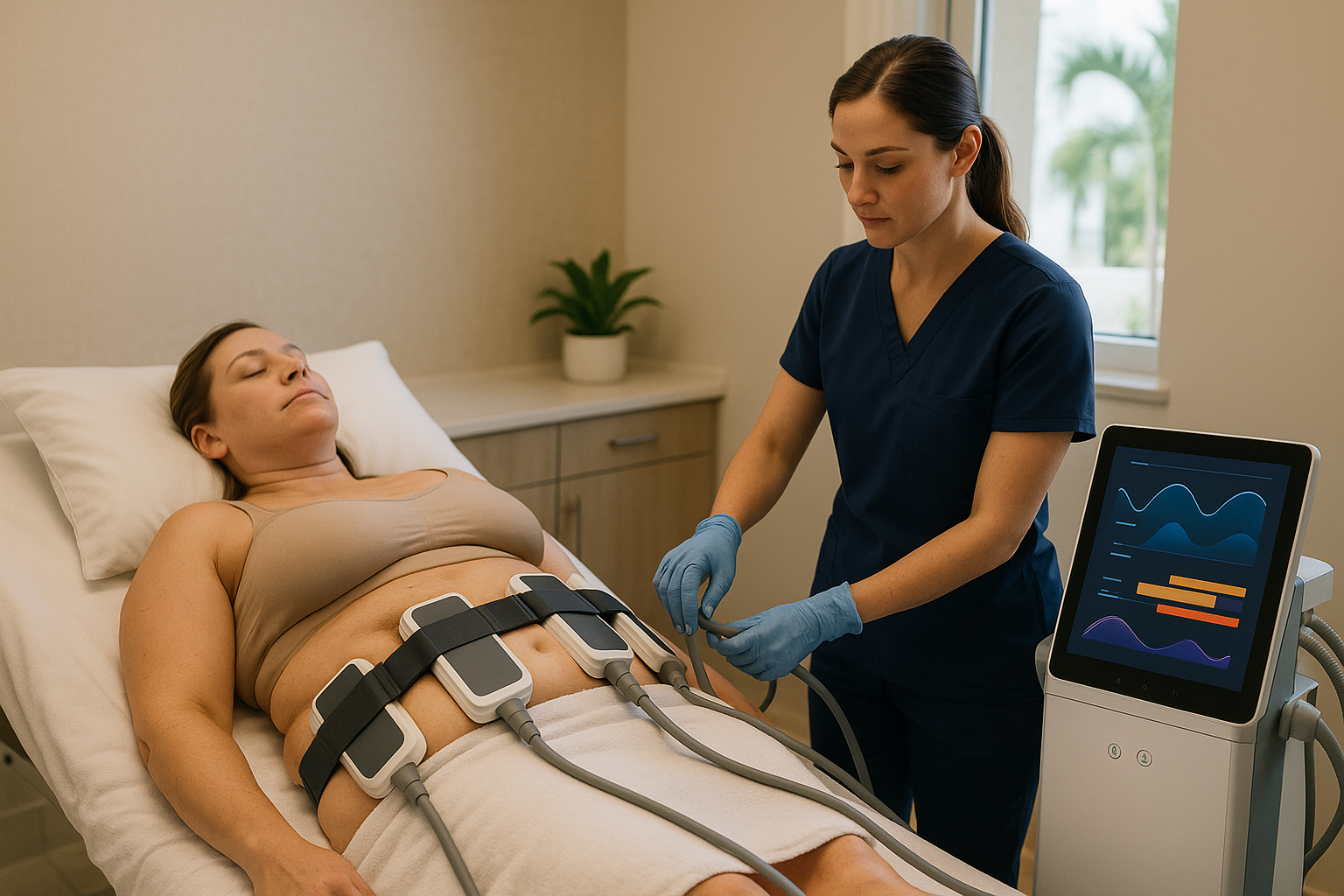 Woman receiving body sculpting treatment, technician operating machine in a medical setting.