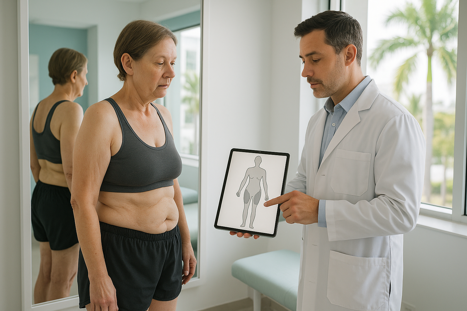 Woman in sports bra and shorts consults with a doctor, who points to a body diagram on a tablet.