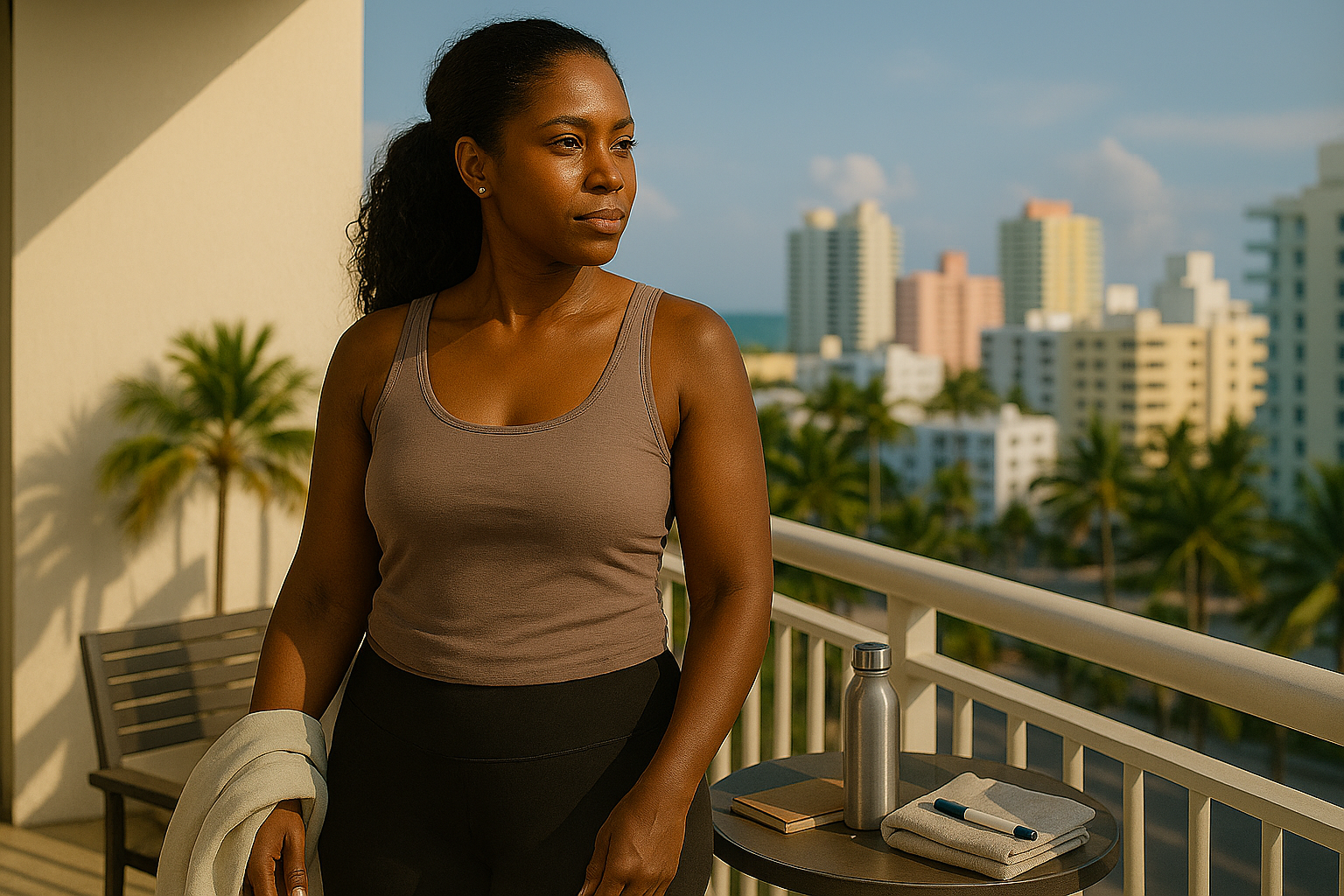 Woman on balcony looking out at city skyline.