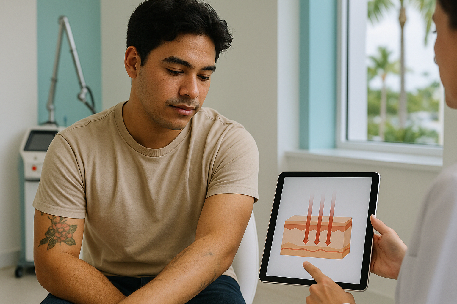 Man and doctor looking at tablet with a skin diagram; doctor pointing, examining skin.