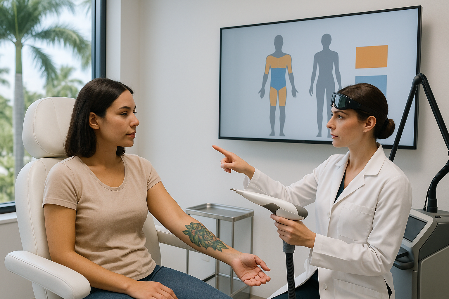 Woman getting a tattoo removed by a doctor in a medical setting, pointing to a diagram.