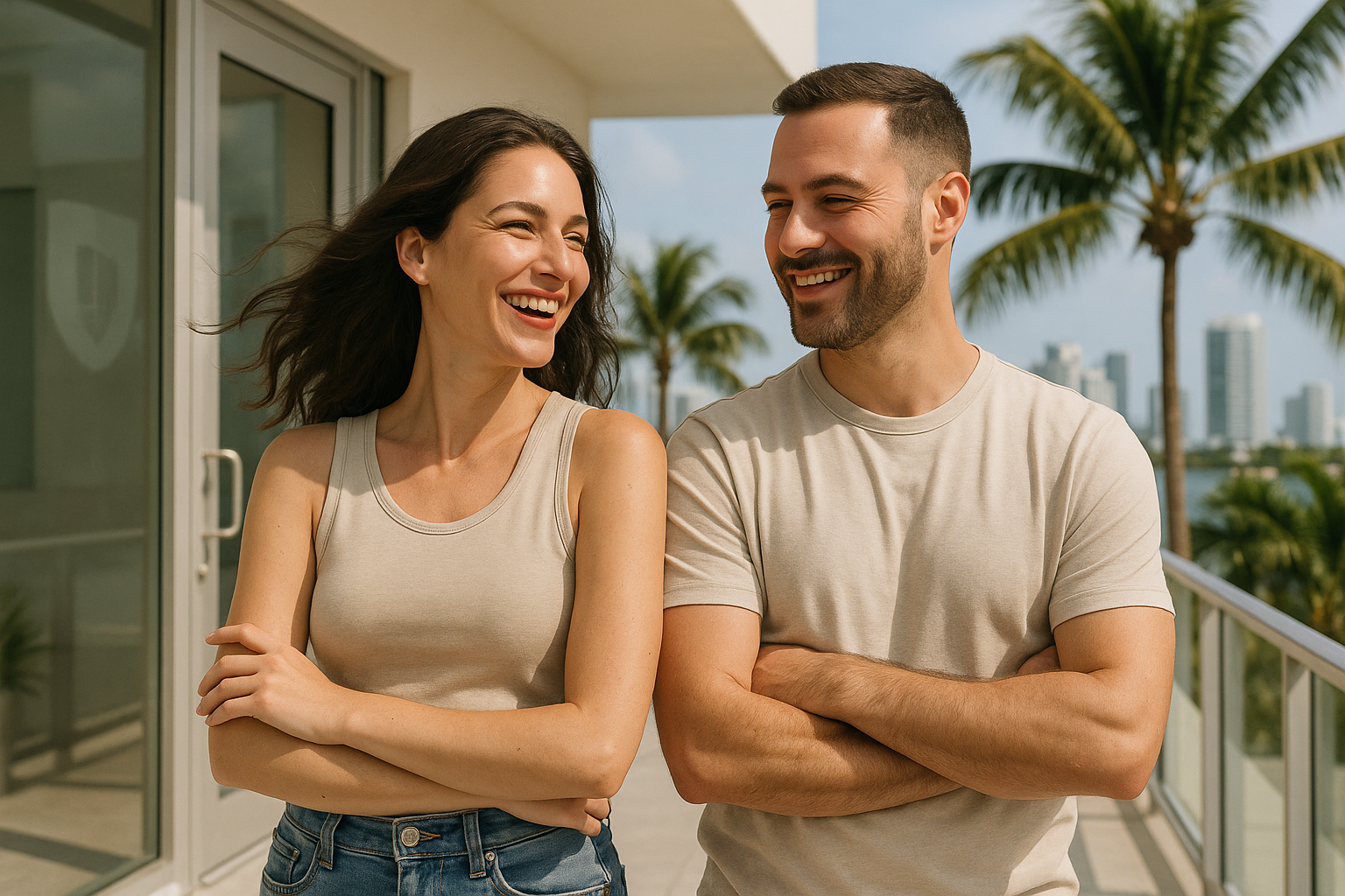 A smiling couple with arms crossed on a balcony with a city and palm trees in the background.