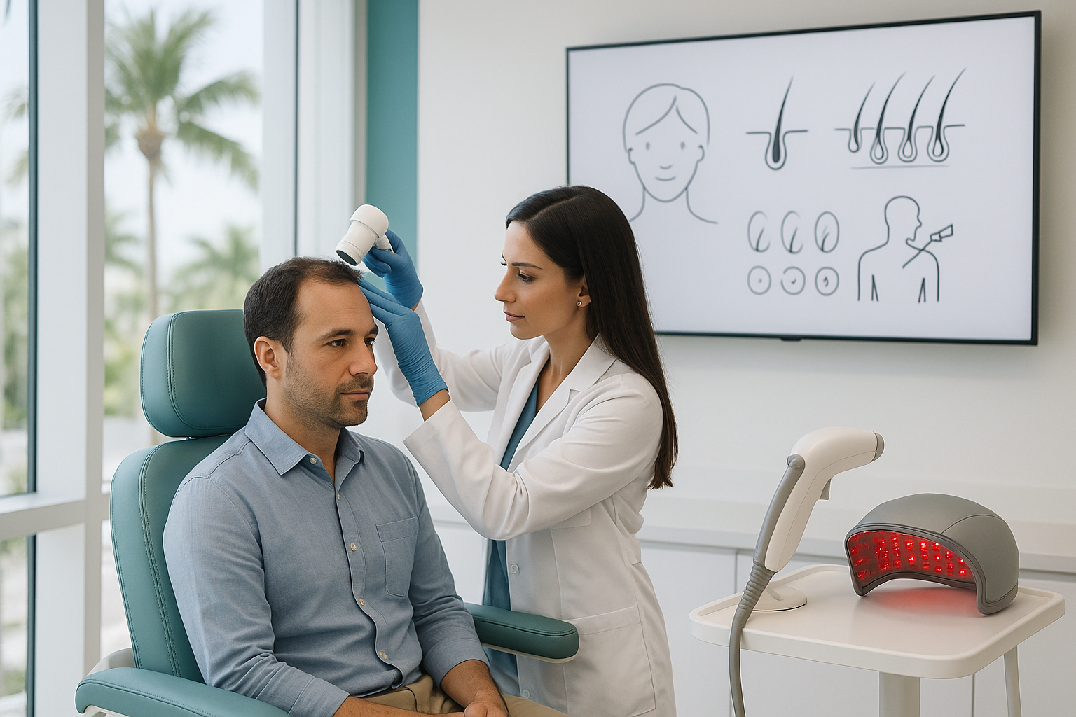 A medical professional examines a man's scalp with a device. A low-level light therapy device sits nearby.