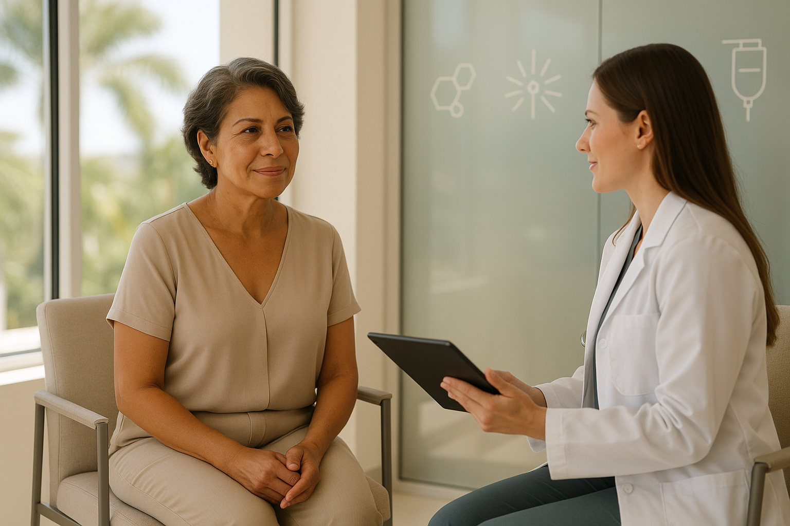Patient and doctor consulting in a medical office, doctor holding a tablet.