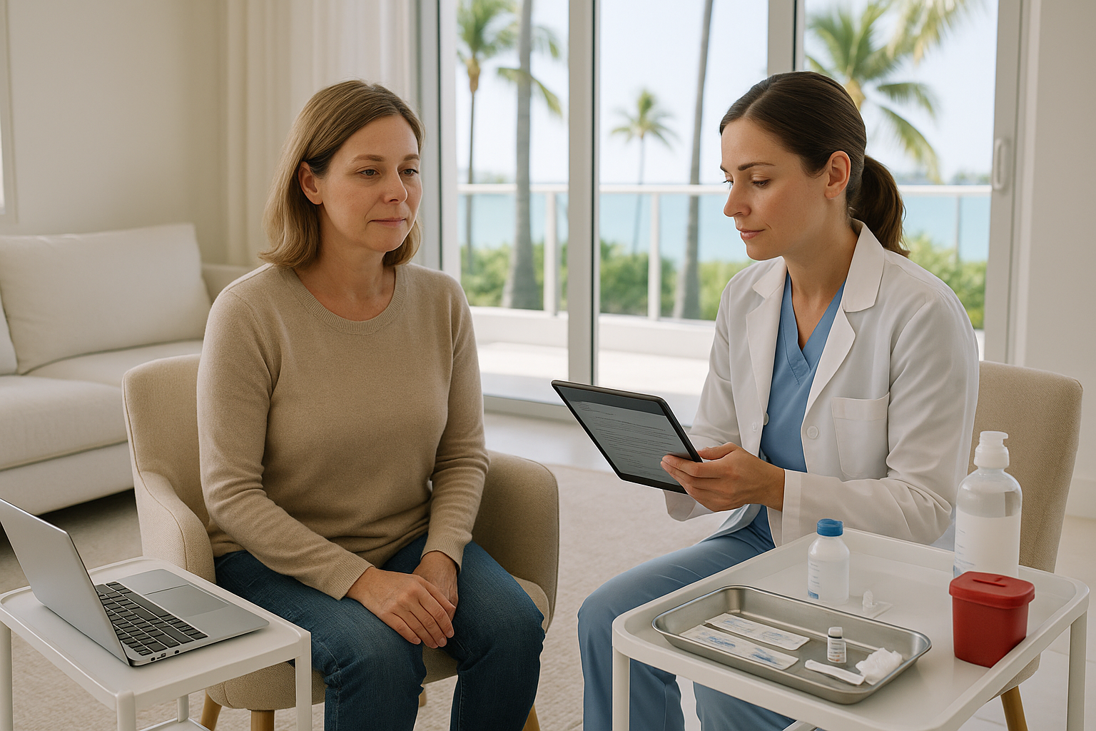 Doctor showing tablet to patient in a well-lit room, medical supplies on a side table.