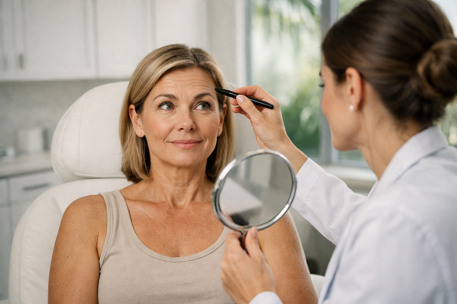 Woman in a chair having her brow examined by a person in a white coat, holding a mirror and a pen.