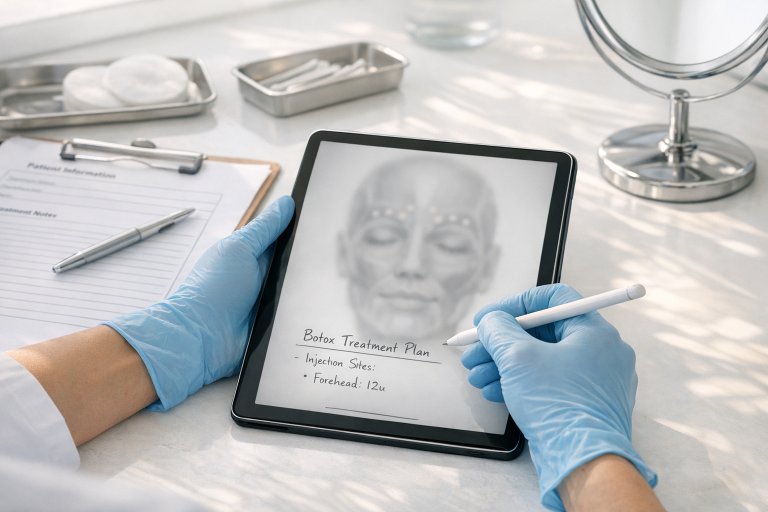 Hands in blue gloves holding tablet with face diagram, writing notes; surgical prep setting.