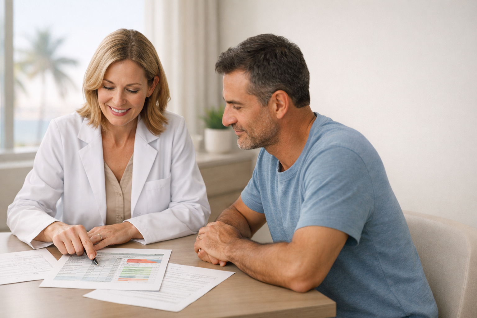 Woman in lab coat points to paperwork with a man. They both smile at a table indoors.