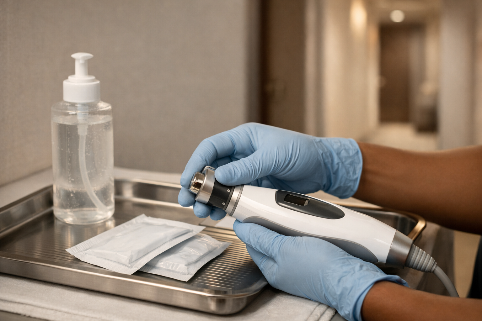 Hands in blue gloves holding a medical device near a tray with sanitizer and pads.